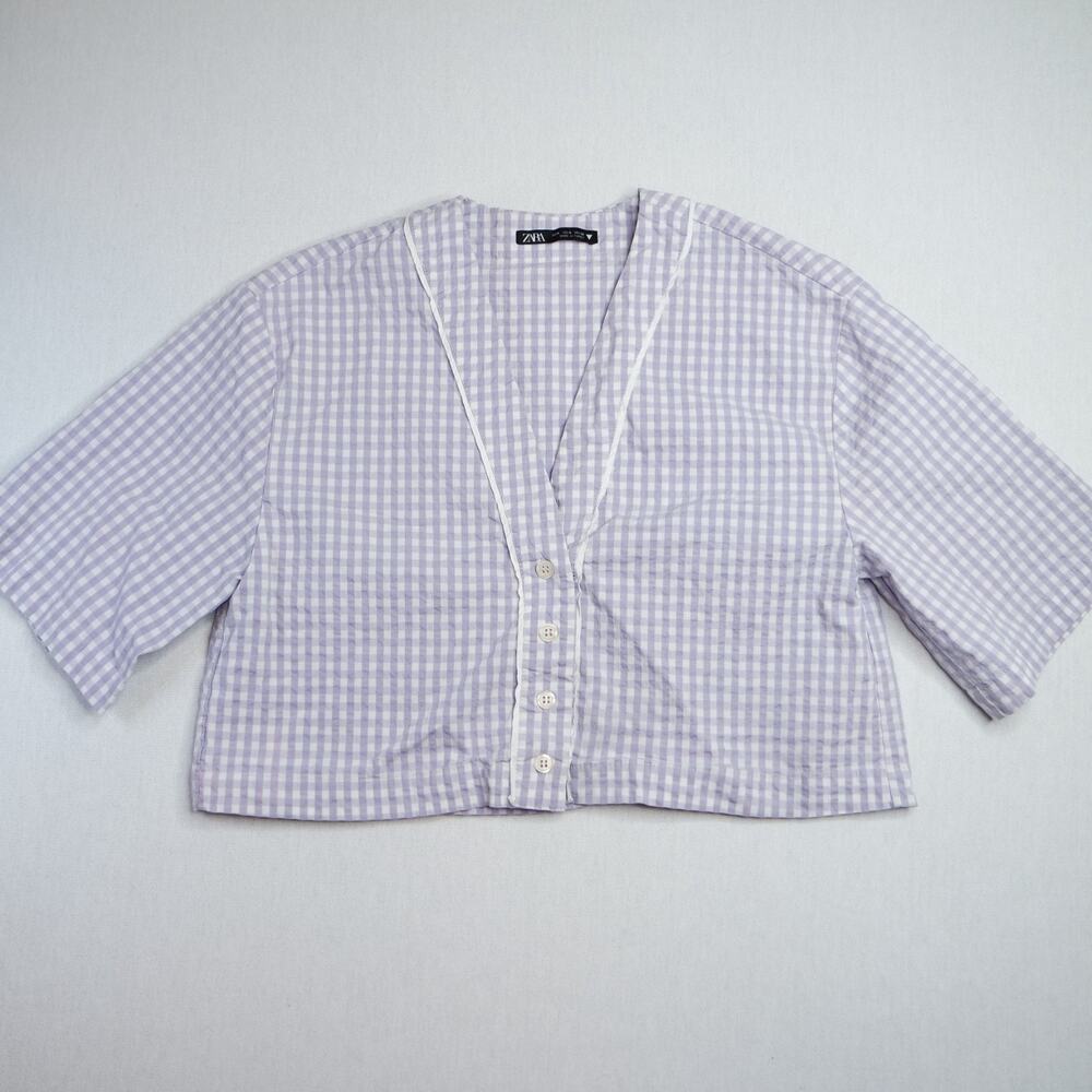 Zara Gingham Cropped Button-Up Blouse Purple White Short Sleeve Cotton S